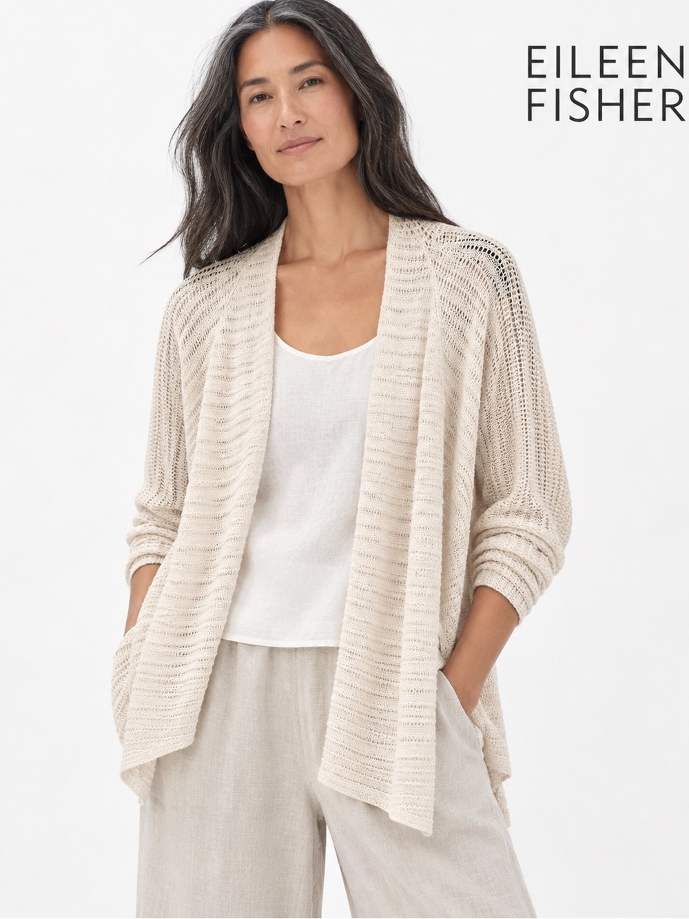 Eileen Fisher 100% Linen Open-Knit Shrug Cardigan